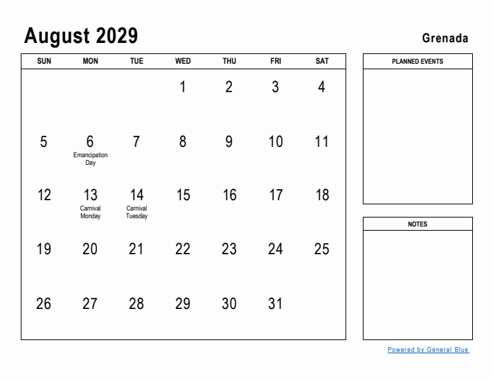 August 2029 Printable Monthly Calendar with Grenada Holidays