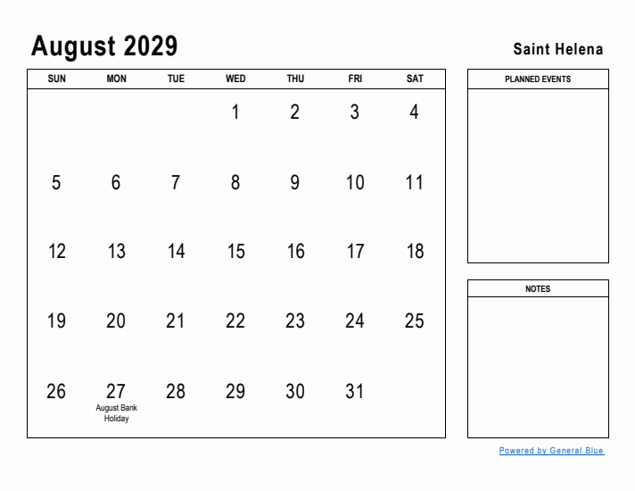 August 2029 Printable Monthly Calendar with Saint Helena Holidays