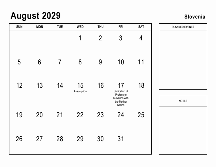 August 2029 Printable Monthly Calendar with Slovenia Holidays