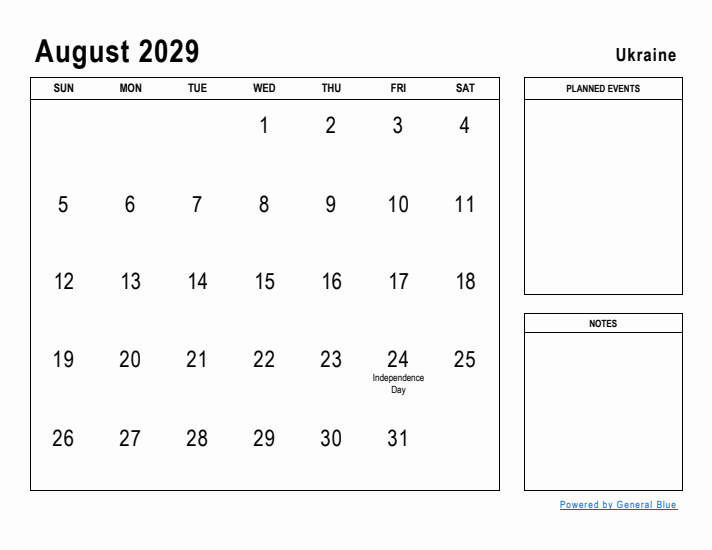 August 2029 Printable Monthly Calendar with Ukraine Holidays