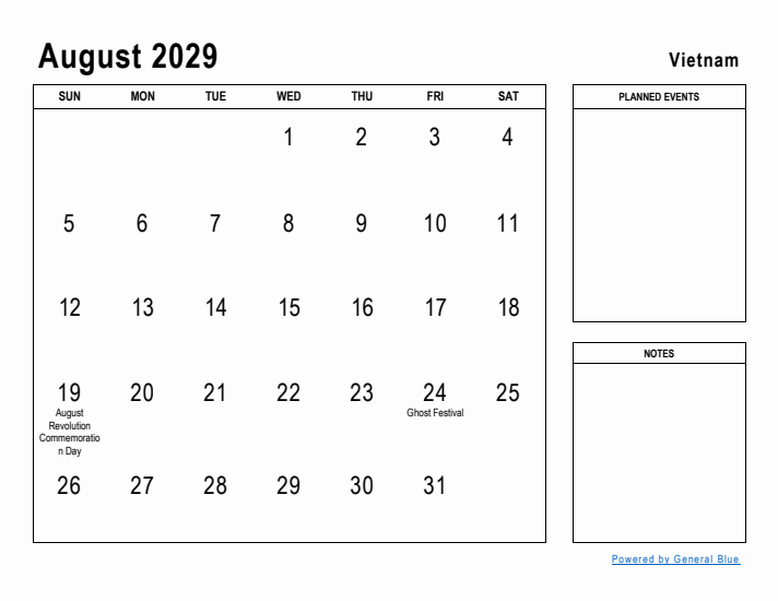 August 2029 Printable Monthly Calendar with Vietnam Holidays