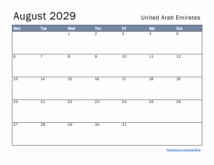 August 2029 Simple Monthly Calendar for United Arab Emirates