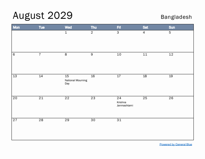 August 2029 Simple Monthly Calendar for Bangladesh