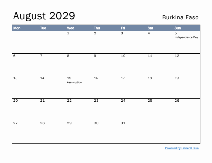 August 2029 Simple Monthly Calendar for Burkina Faso