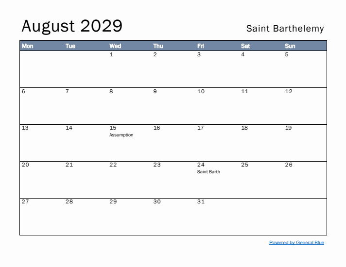 August 2029 Simple Monthly Calendar for Saint Barthelemy