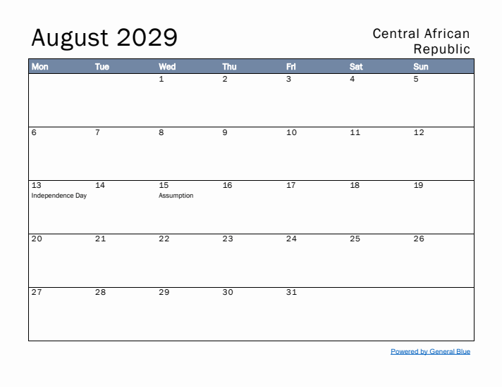 August 2029 Simple Monthly Calendar for Central African Republic