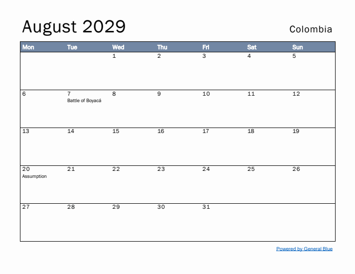 August 2029 Simple Monthly Calendar for Colombia