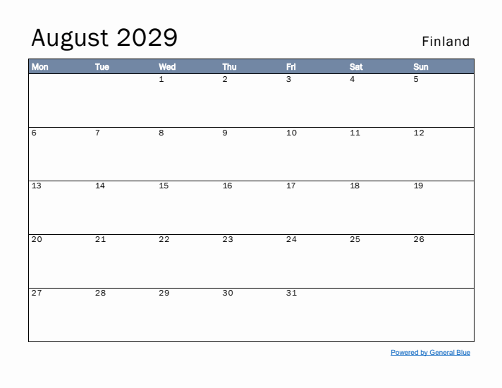 August 2029 Simple Monthly Calendar for Finland