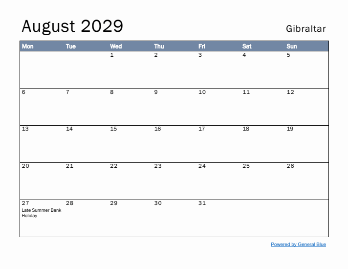 August 2029 Simple Monthly Calendar for Gibraltar