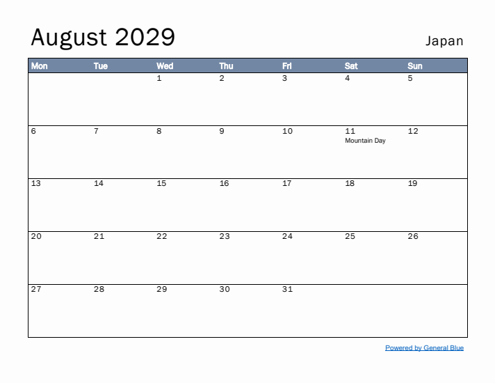 August 2029 Simple Monthly Calendar for Japan