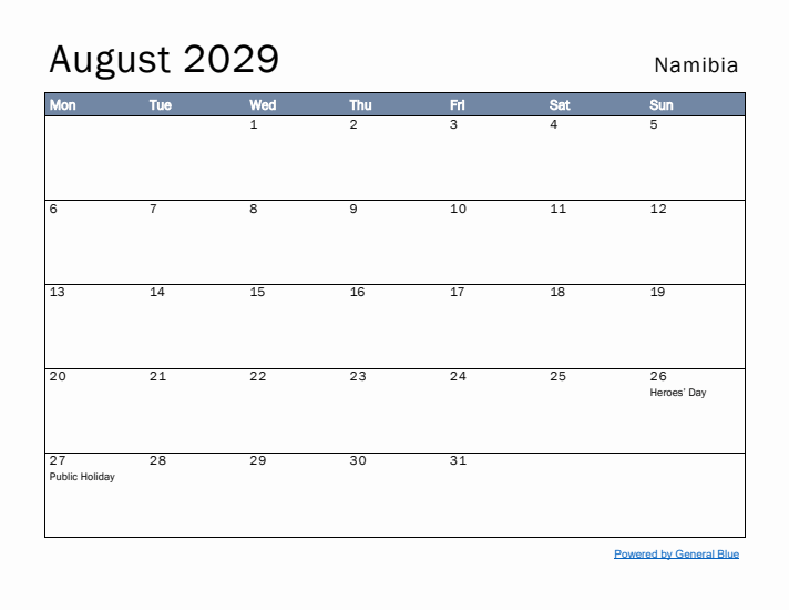 August 2029 Simple Monthly Calendar for Namibia