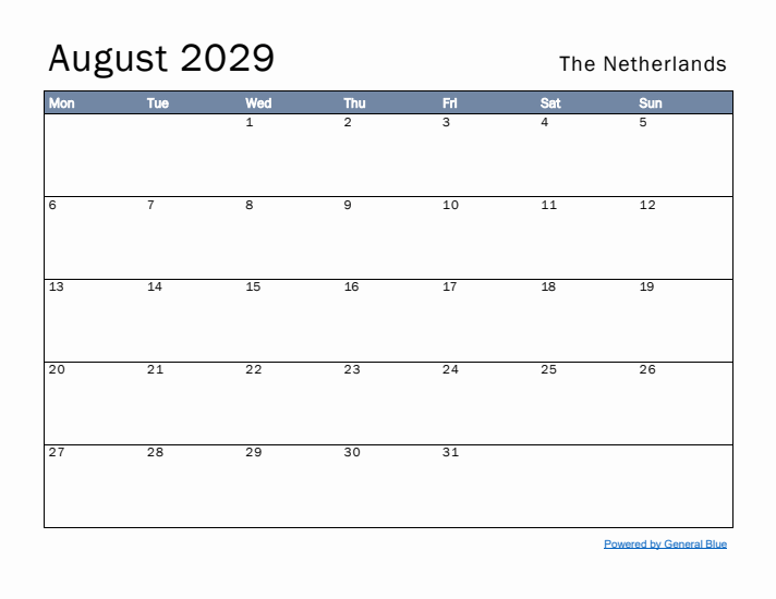 August 2029 Simple Monthly Calendar for The Netherlands