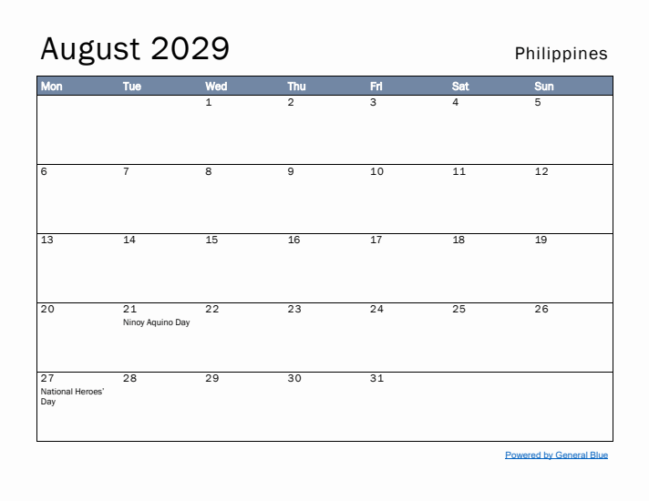 August 2029 Simple Monthly Calendar for Philippines