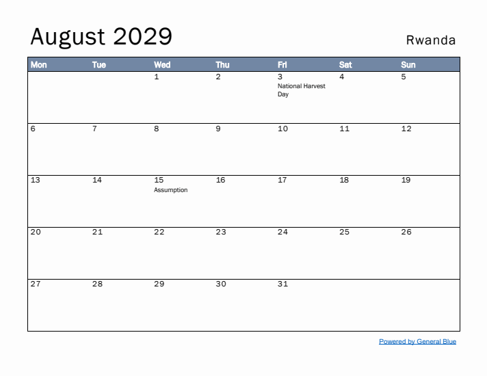 August 2029 Simple Monthly Calendar for Rwanda