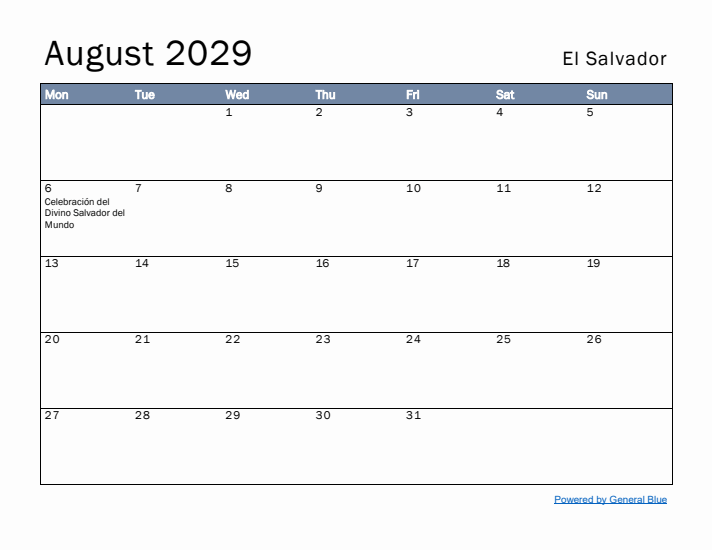 August 2029 Simple Monthly Calendar for El Salvador