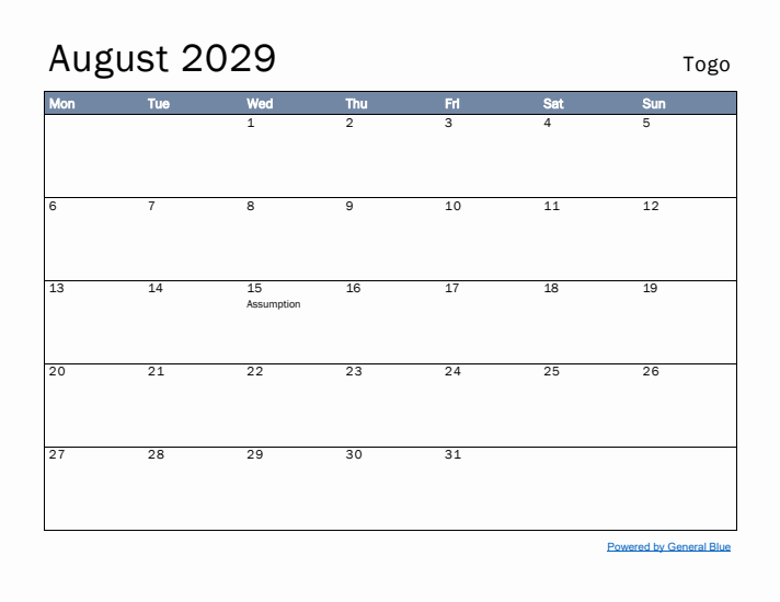 August 2029 Simple Monthly Calendar for Togo