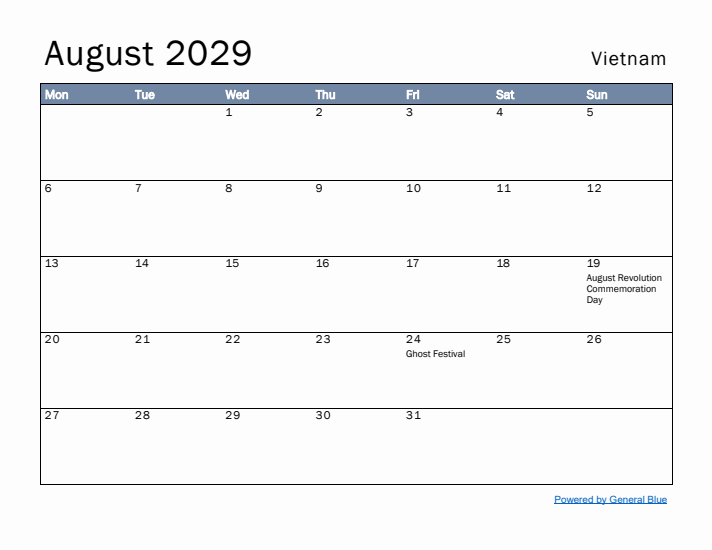 August 2029 Simple Monthly Calendar for Vietnam