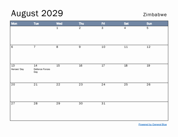 August 2029 Simple Monthly Calendar for Zimbabwe