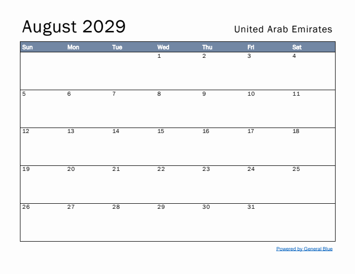 August 2029 Simple Monthly Calendar for United Arab Emirates