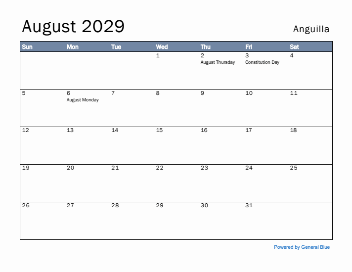 August 2029 Simple Monthly Calendar for Anguilla