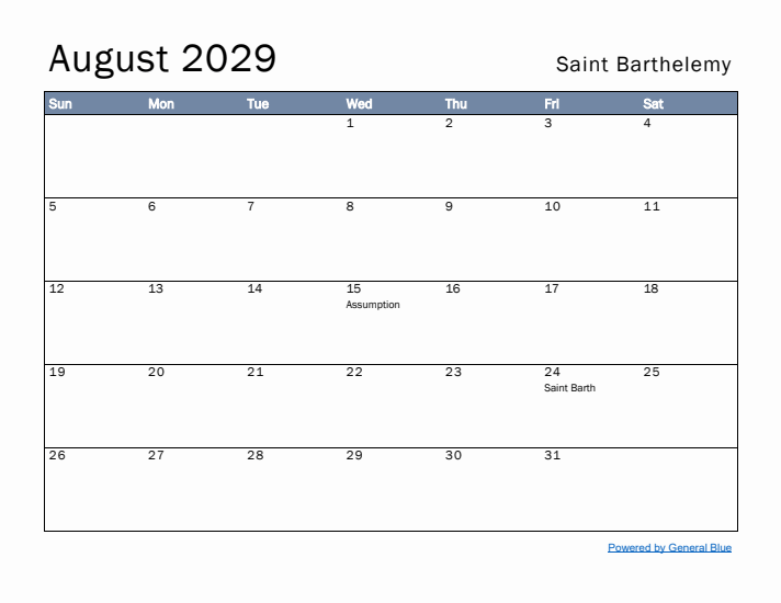 August 2029 Simple Monthly Calendar for Saint Barthelemy