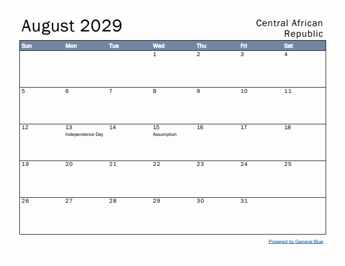 August 2029 Simple Monthly Calendar for Central African Republic