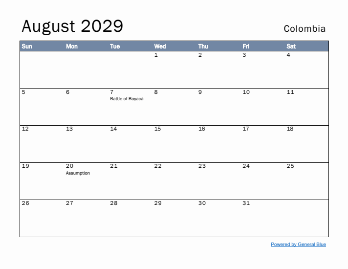 August 2029 Simple Monthly Calendar for Colombia