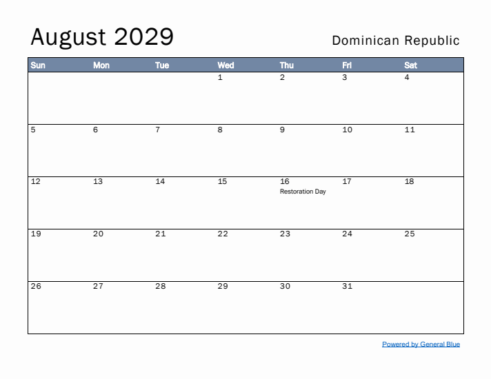 August 2029 Simple Monthly Calendar for Dominican Republic