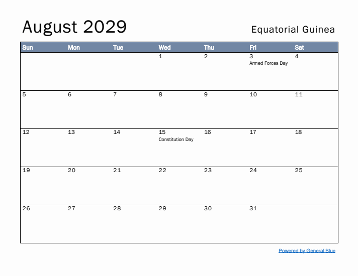 August 2029 Simple Monthly Calendar for Equatorial Guinea