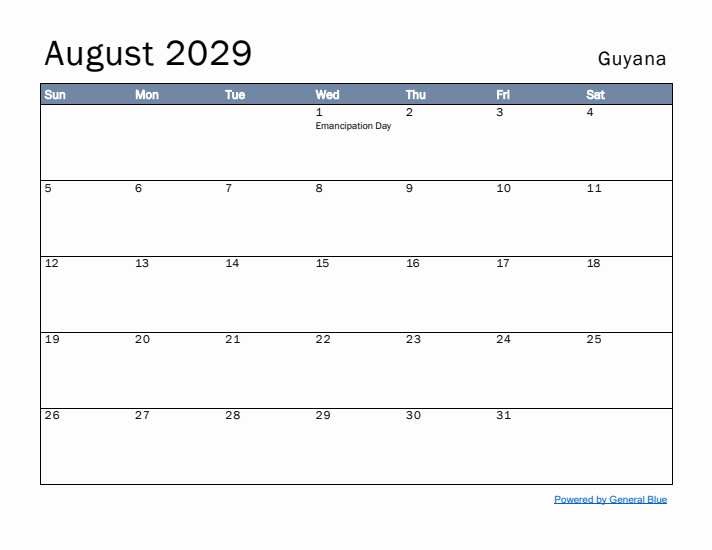 August 2029 Simple Monthly Calendar for Guyana