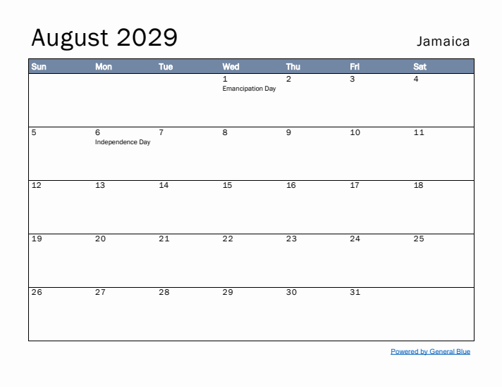 August 2029 Simple Monthly Calendar for Jamaica