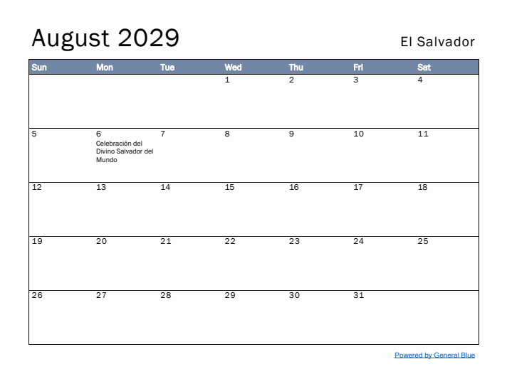 August 2029 Simple Monthly Calendar for El Salvador