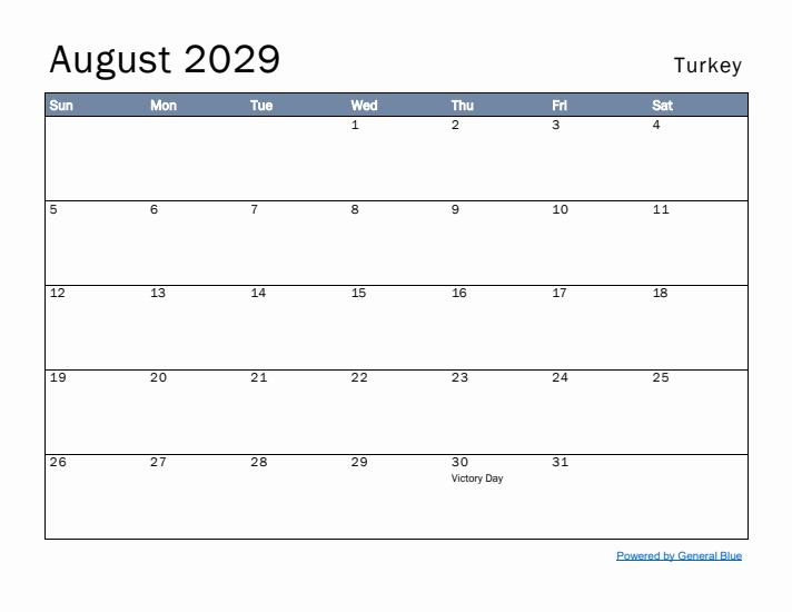 August 2029 Simple Monthly Calendar for Turkey