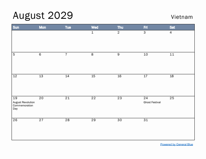 August 2029 Simple Monthly Calendar for Vietnam