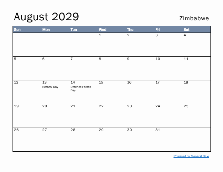 August 2029 Simple Monthly Calendar for Zimbabwe