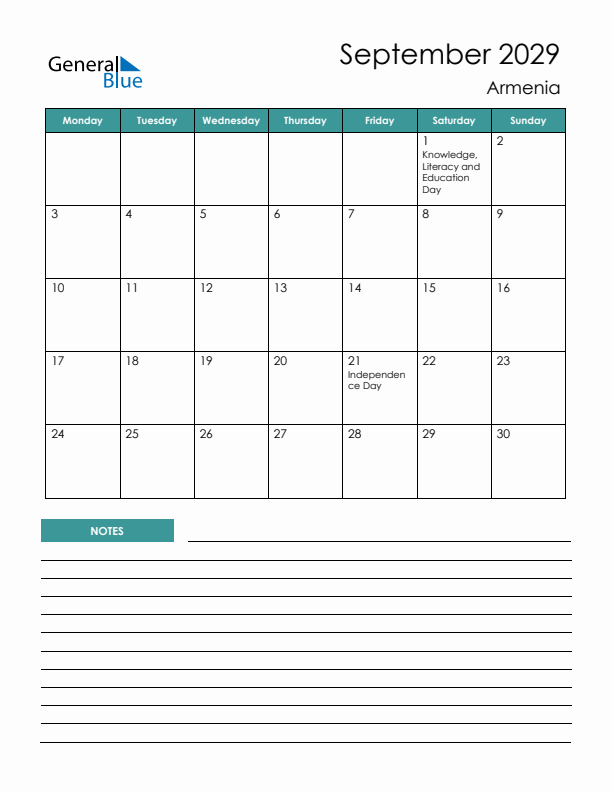 Calendar with Notes Printable - Monday Start