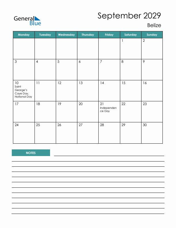 Calendar with Notes Printable - Monday Start