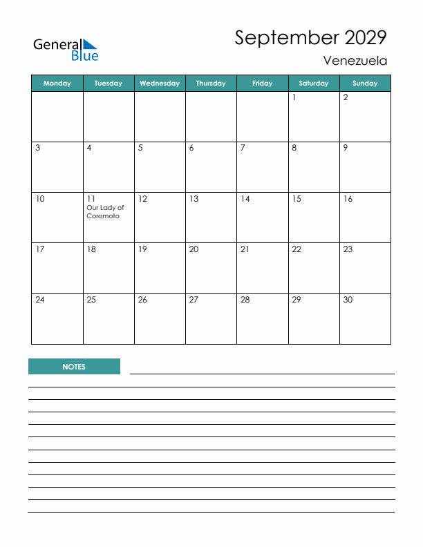 Calendar with Notes Printable - Monday Start