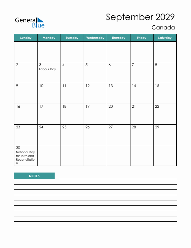 Calendar with Notes Printable - Sunday Start