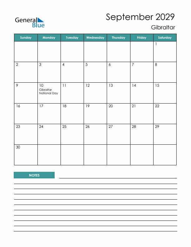 Calendar with Notes Printable - Sunday Start