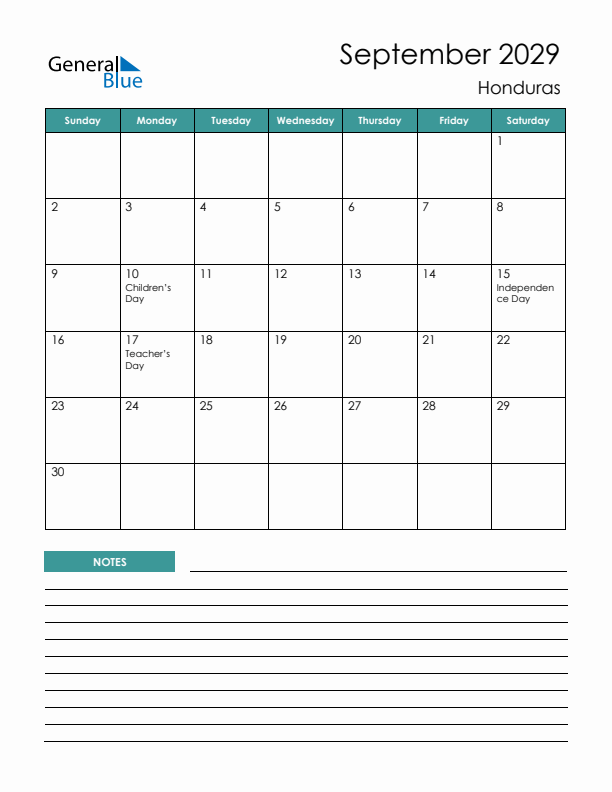 Calendar with Notes Printable - Sunday Start