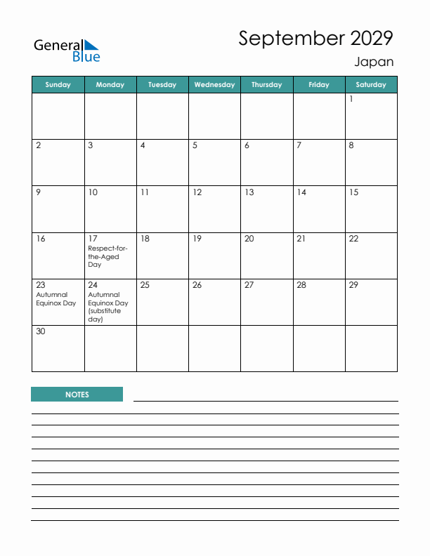 Calendar with Notes Printable - Sunday Start