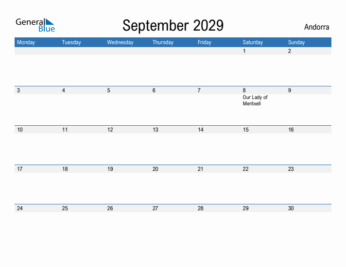 Fillable September 2029 Calendar