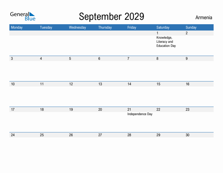 Fillable September 2029 Calendar