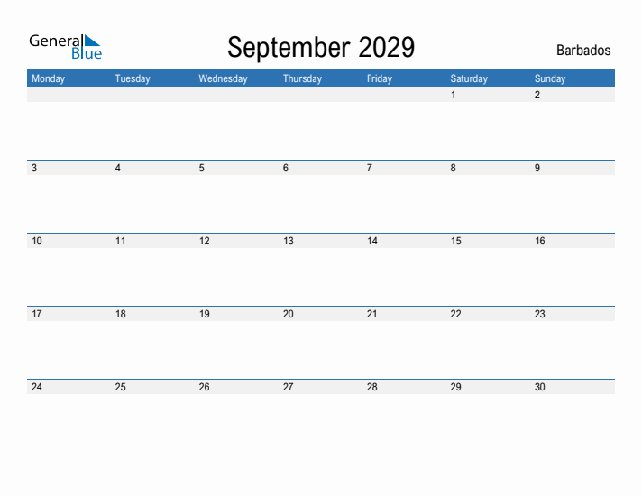 Fillable September 2029 Calendar