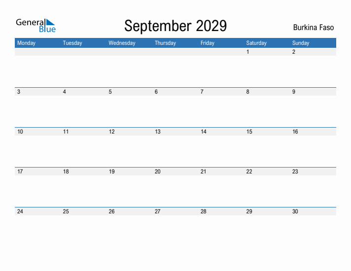 Fillable September 2029 Calendar