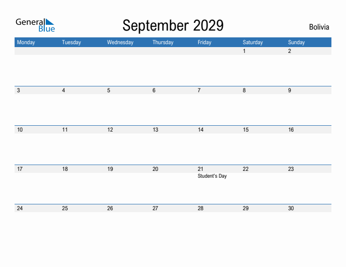 Fillable September 2029 Calendar