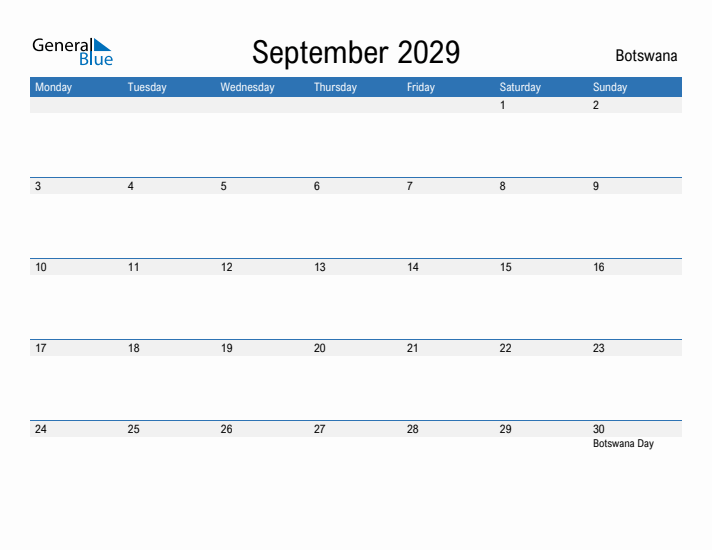 Fillable September 2029 Calendar