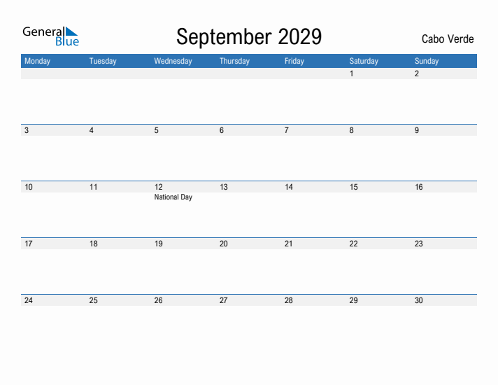 Fillable September 2029 Calendar