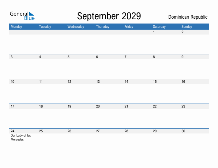 Fillable September 2029 Calendar